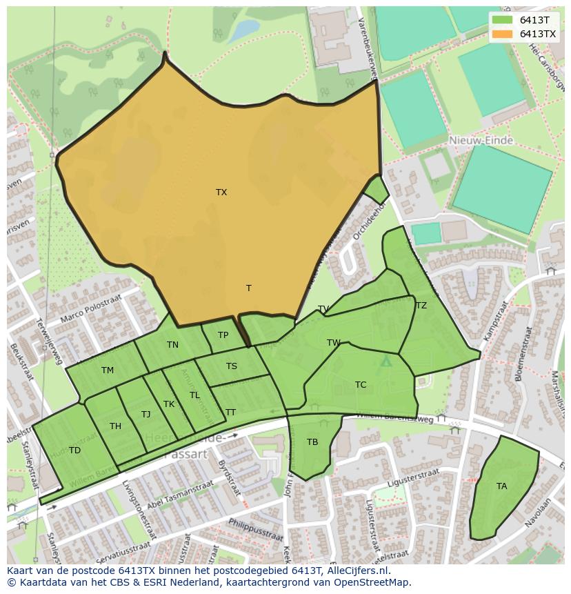 Afbeelding van het postcodegebied 6413 TX op de kaart.