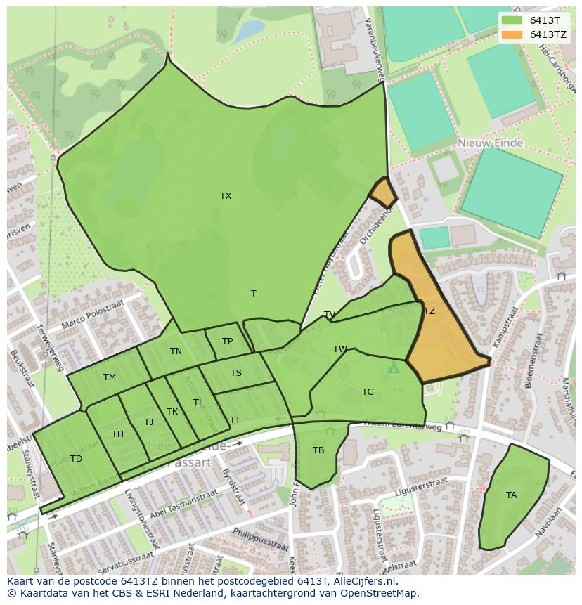 Afbeelding van het postcodegebied 6413 TZ op de kaart.