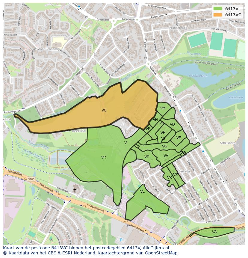 Afbeelding van het postcodegebied 6413 VC op de kaart.