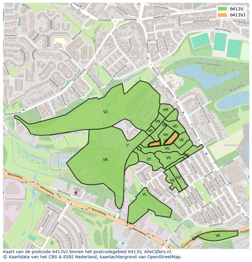 Afbeelding van het postcodegebied 6413 VJ op de kaart.