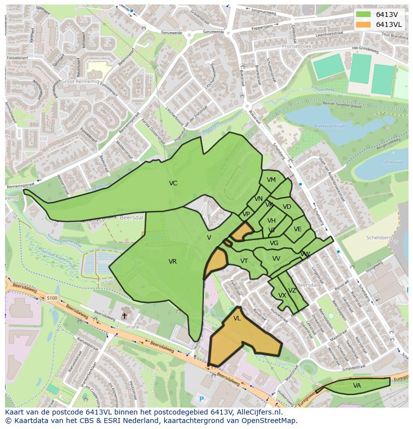 Afbeelding van het postcodegebied 6413 VL op de kaart.