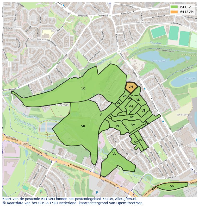 Afbeelding van het postcodegebied 6413 VM op de kaart.
