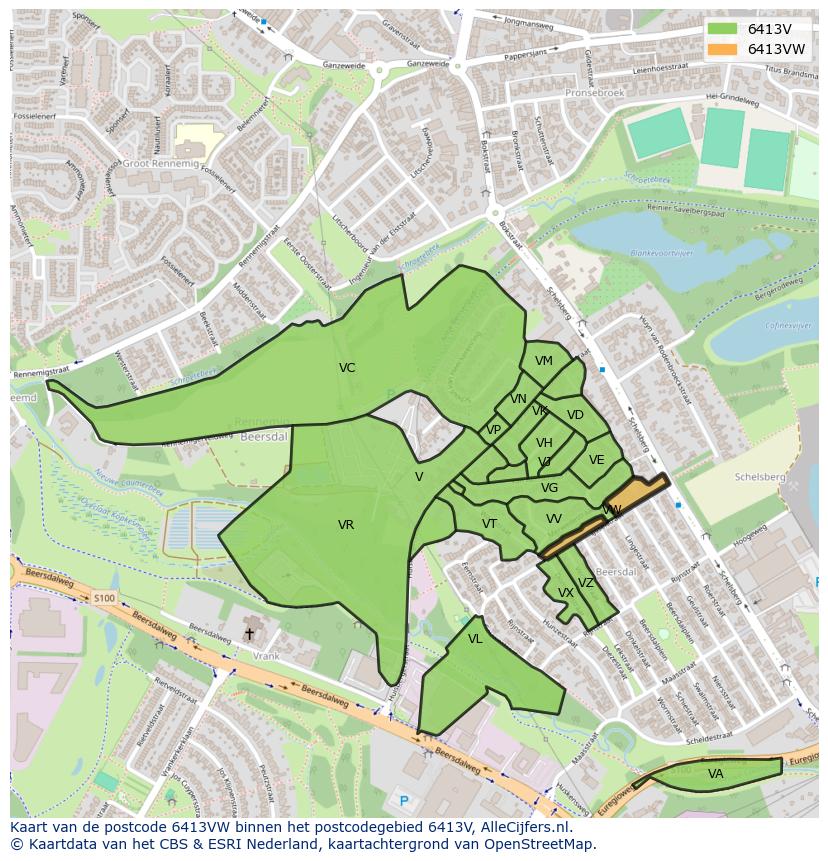 Afbeelding van het postcodegebied 6413 VW op de kaart.