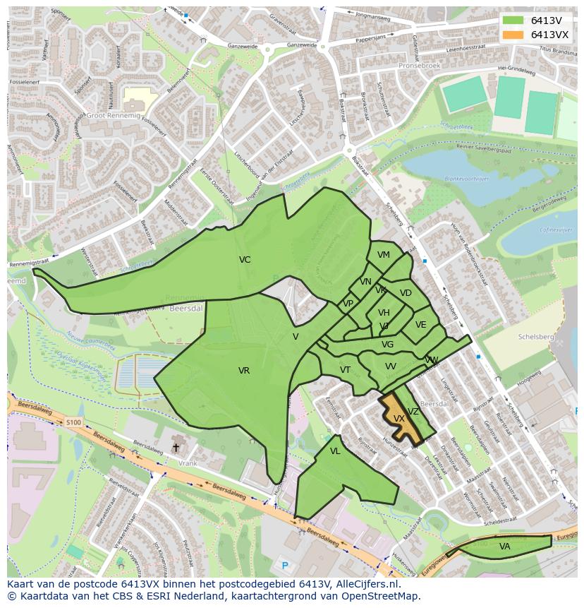 Afbeelding van het postcodegebied 6413 VX op de kaart.