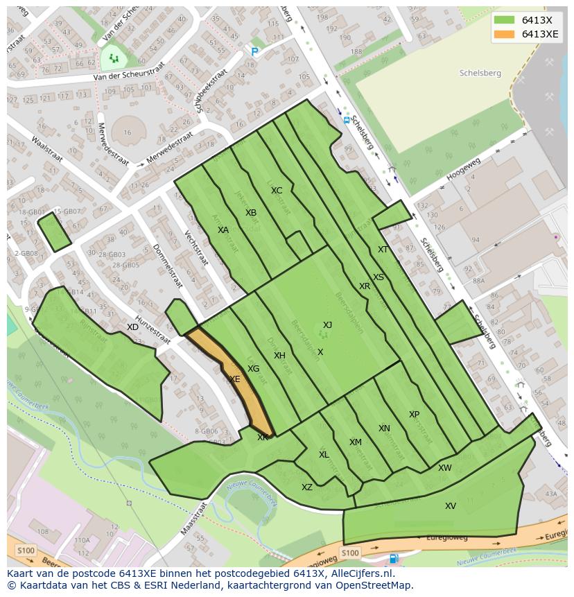 Afbeelding van het postcodegebied 6413 XE op de kaart.