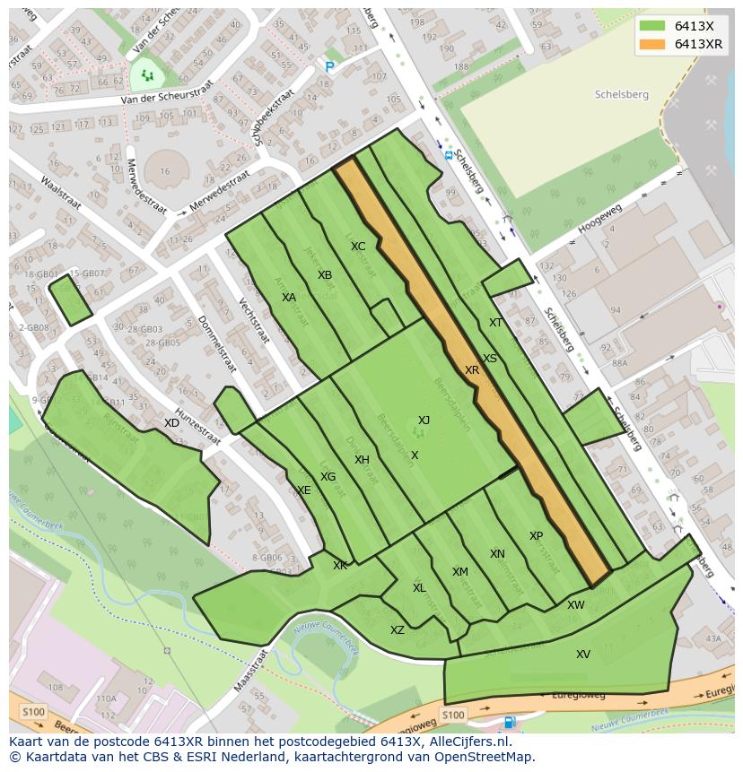 Afbeelding van het postcodegebied 6413 XR op de kaart.