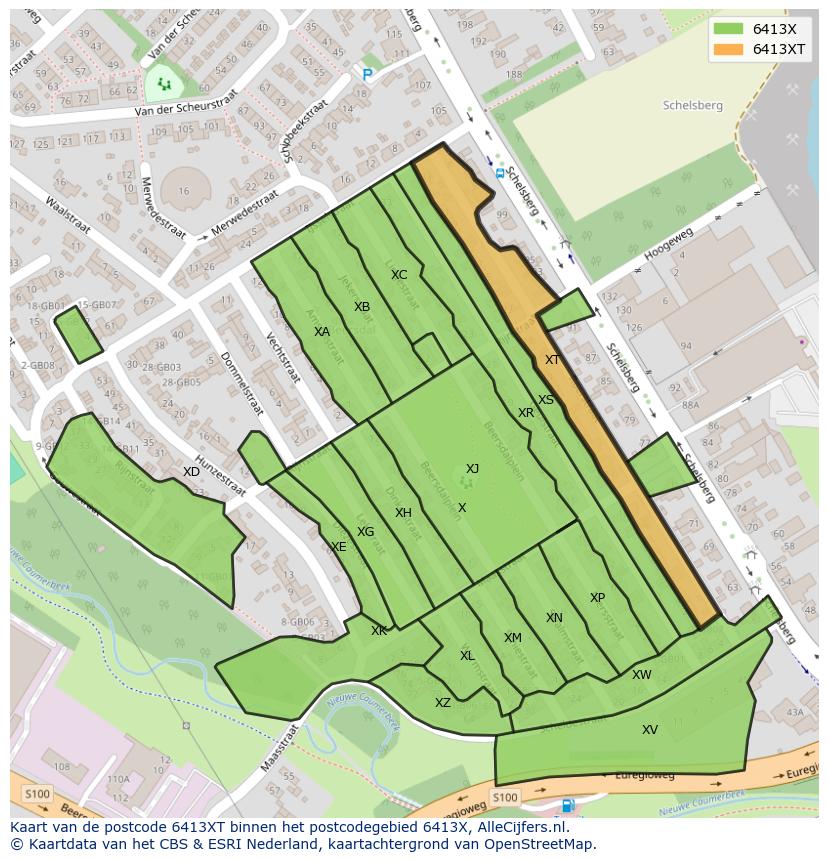 Afbeelding van het postcodegebied 6413 XT op de kaart.