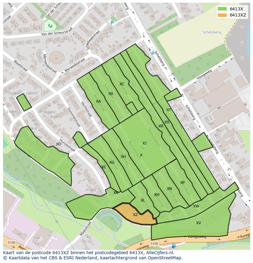 Afbeelding van het postcodegebied 6413 XZ op de kaart.