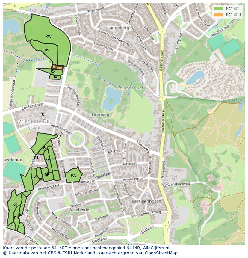 Afbeelding van het postcodegebied 6414 RT op de kaart.
