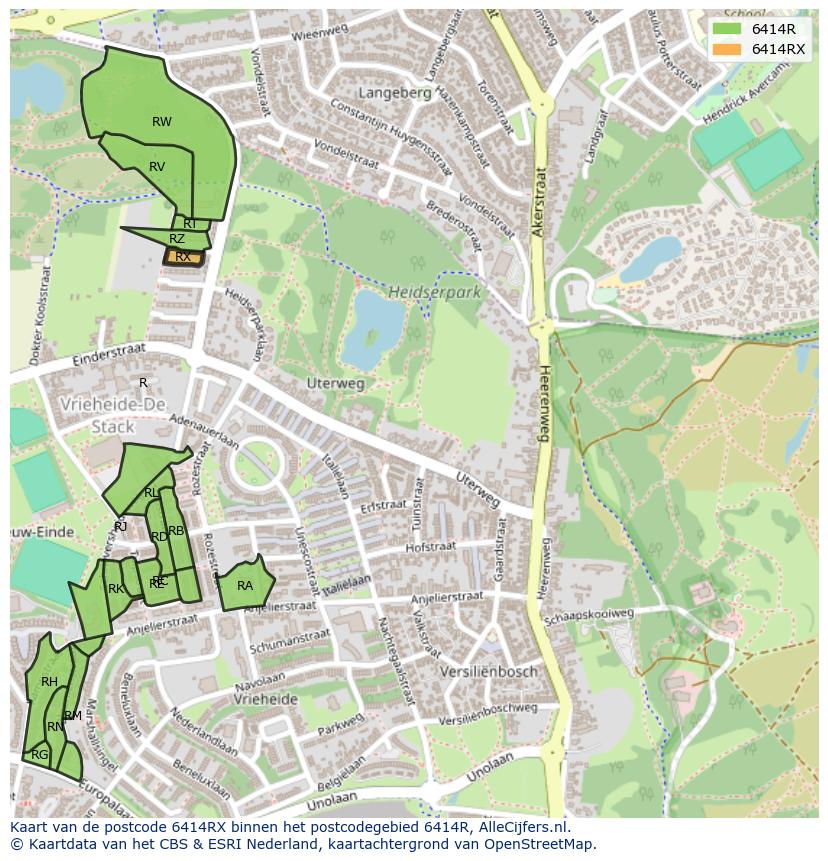 Afbeelding van het postcodegebied 6414 RX op de kaart.