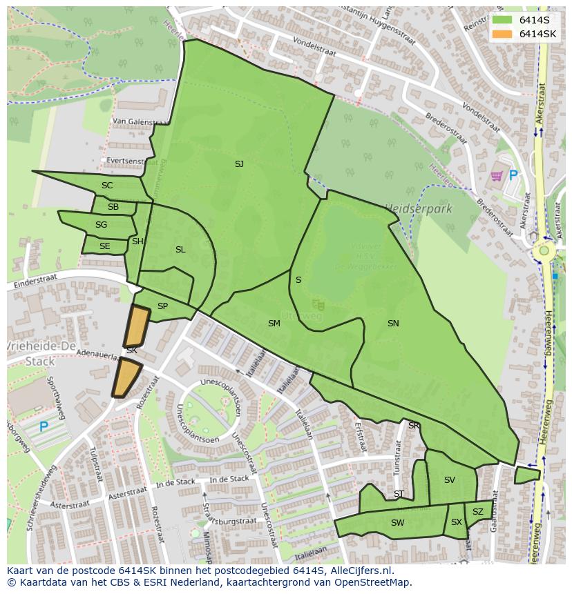 Afbeelding van het postcodegebied 6414 SK op de kaart.