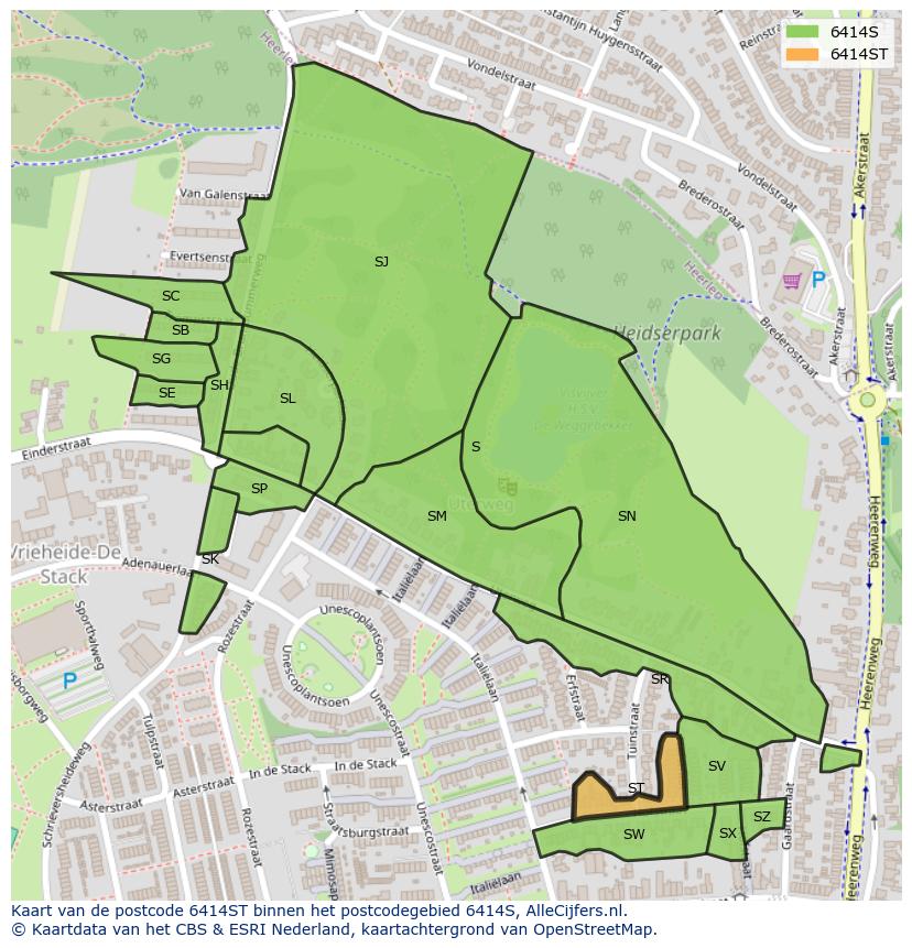 Afbeelding van het postcodegebied 6414 ST op de kaart.