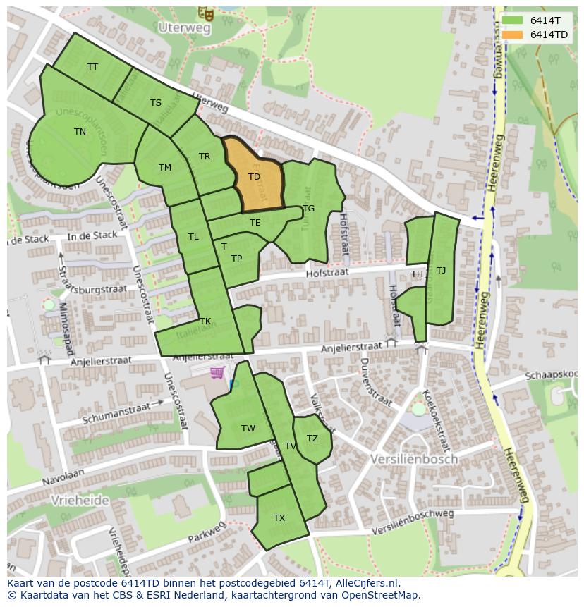 Afbeelding van het postcodegebied 6414 TD op de kaart.