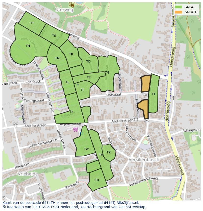 Afbeelding van het postcodegebied 6414 TH op de kaart.