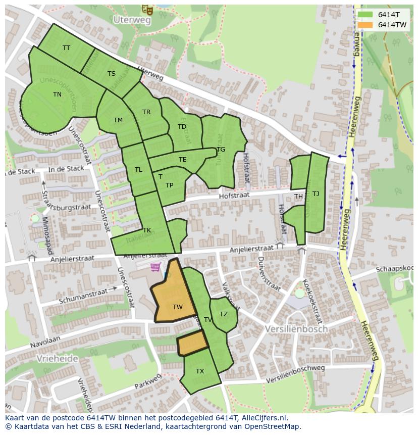Afbeelding van het postcodegebied 6414 TW op de kaart.