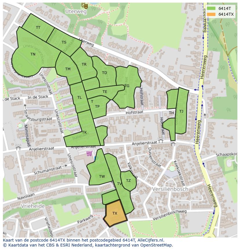 Afbeelding van het postcodegebied 6414 TX op de kaart.