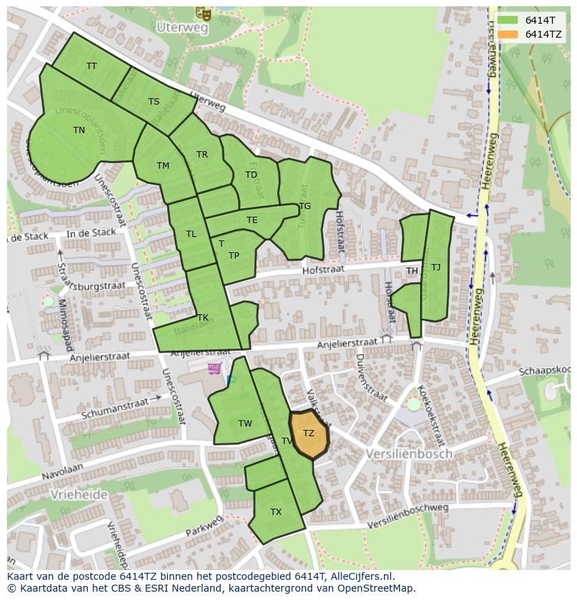 Afbeelding van het postcodegebied 6414 TZ op de kaart.