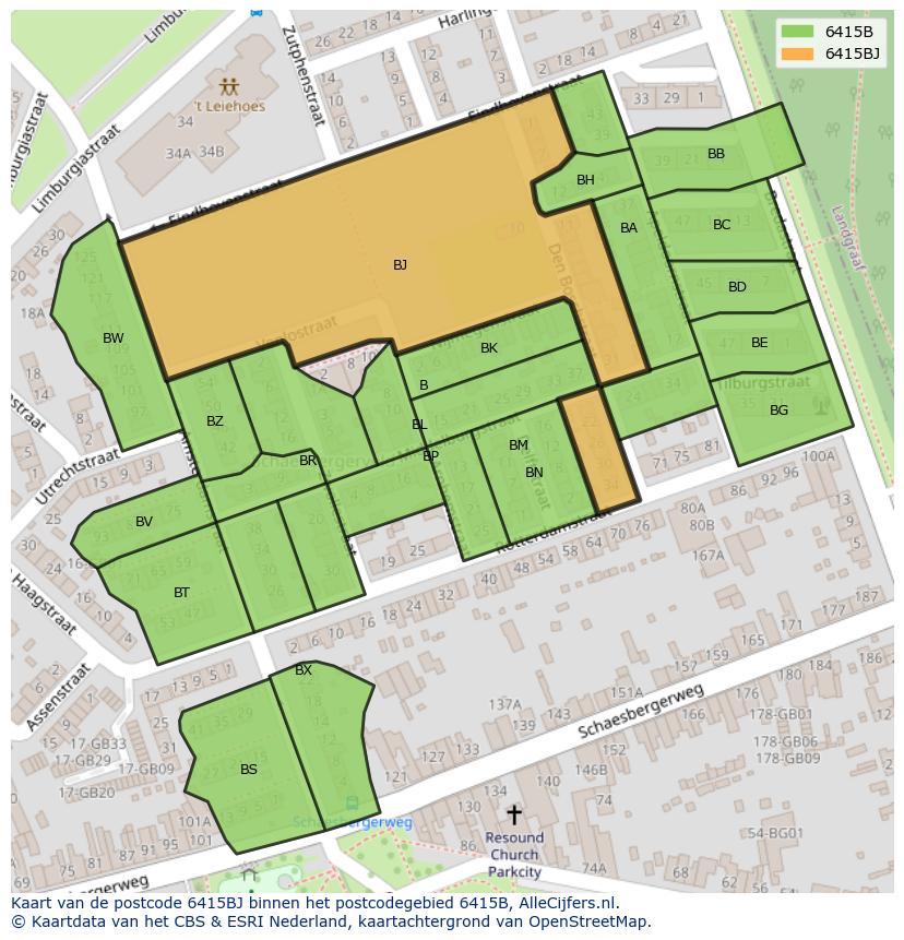 Afbeelding van het postcodegebied 6415 BJ op de kaart.