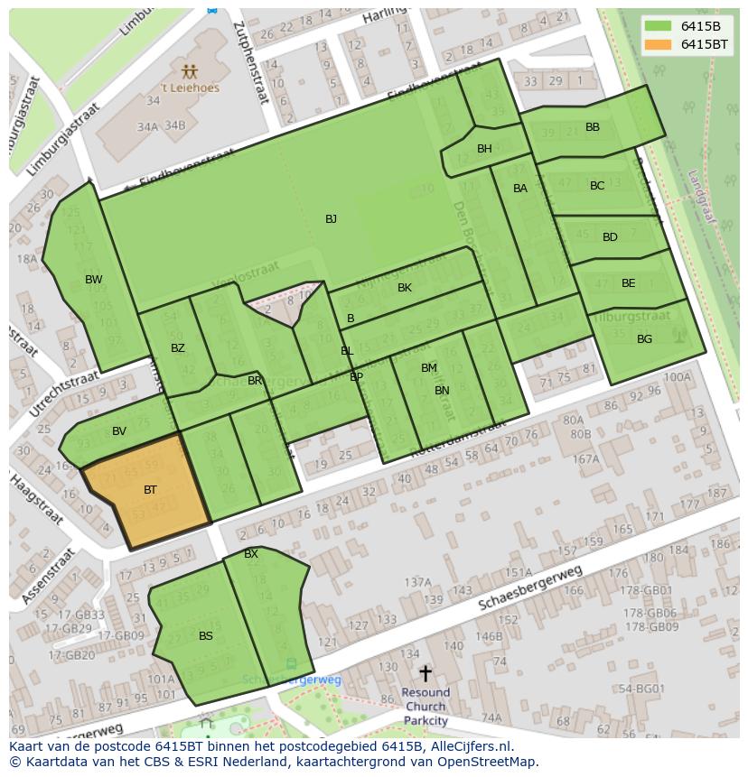 Afbeelding van het postcodegebied 6415 BT op de kaart.