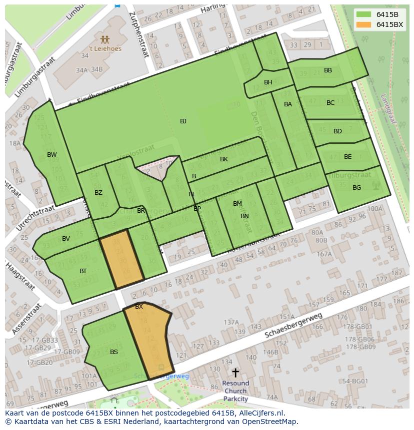 Afbeelding van het postcodegebied 6415 BX op de kaart.