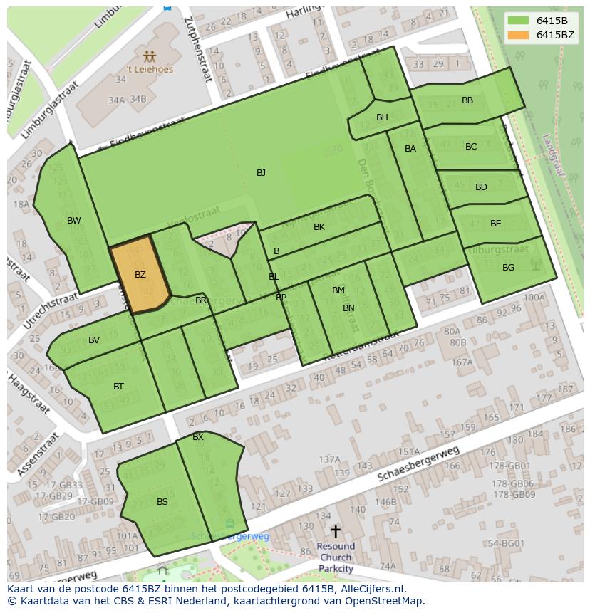 Afbeelding van het postcodegebied 6415 BZ op de kaart.