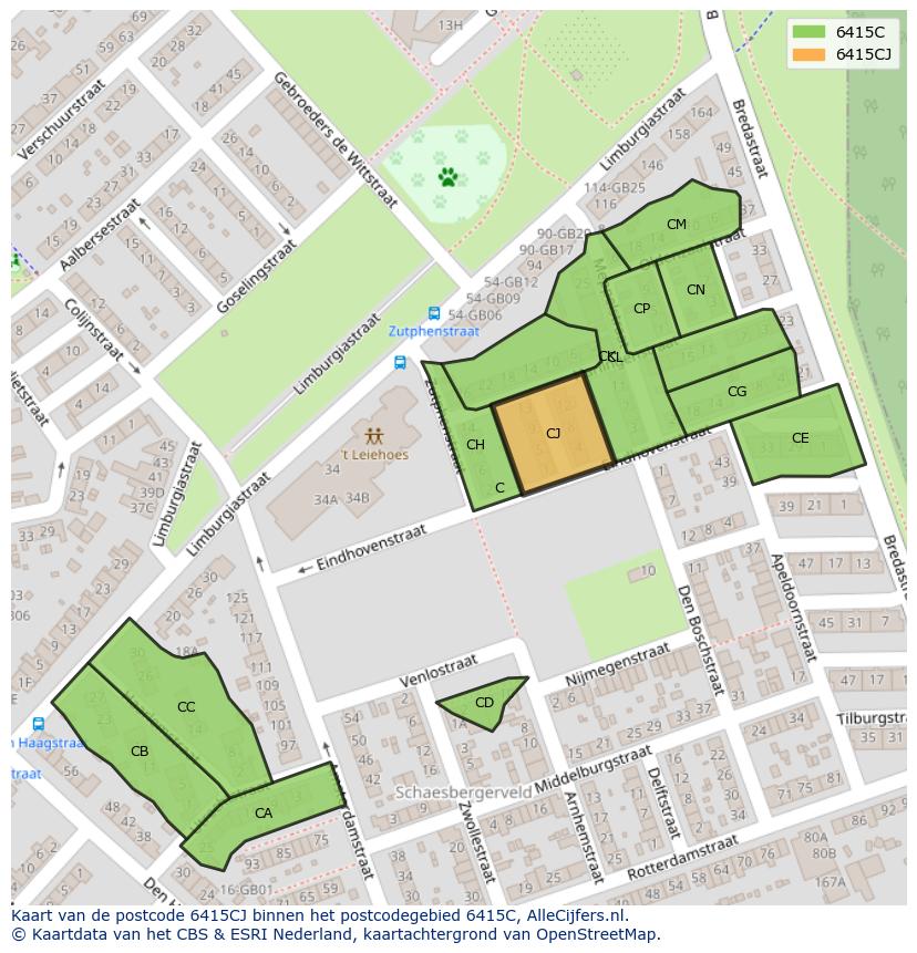 Afbeelding van het postcodegebied 6415 CJ op de kaart.