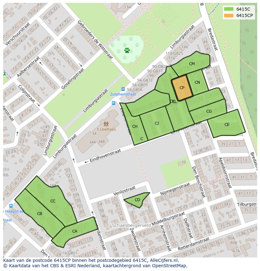 Afbeelding van het postcodegebied 6415 CP op de kaart.