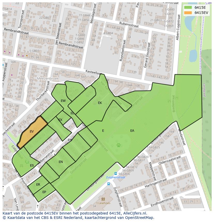 Afbeelding van het postcodegebied 6415 EV op de kaart.