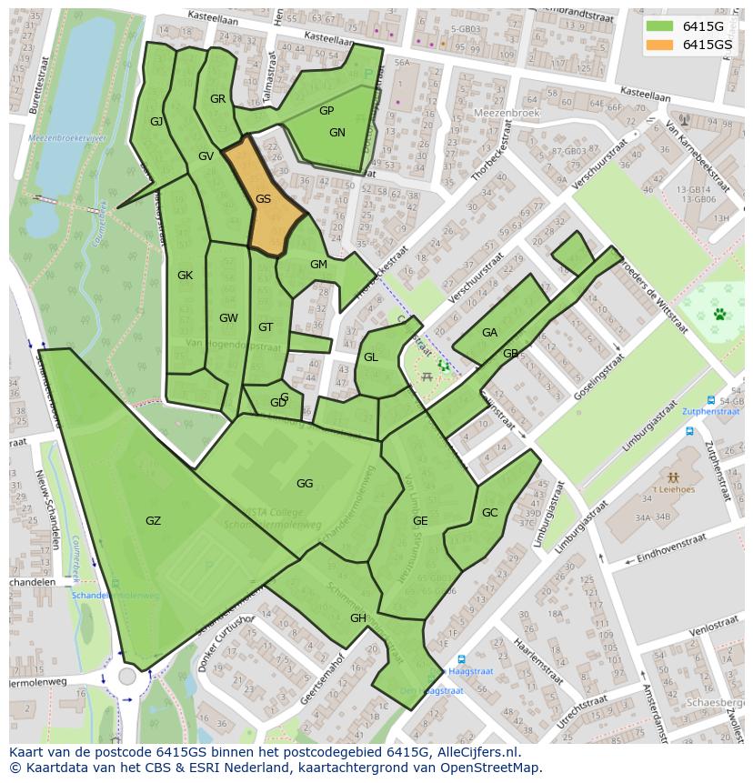 Afbeelding van het postcodegebied 6415 GS op de kaart.