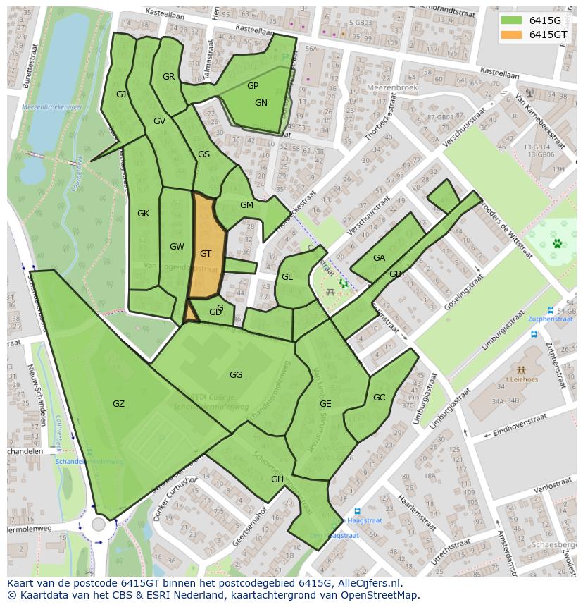Afbeelding van het postcodegebied 6415 GT op de kaart.