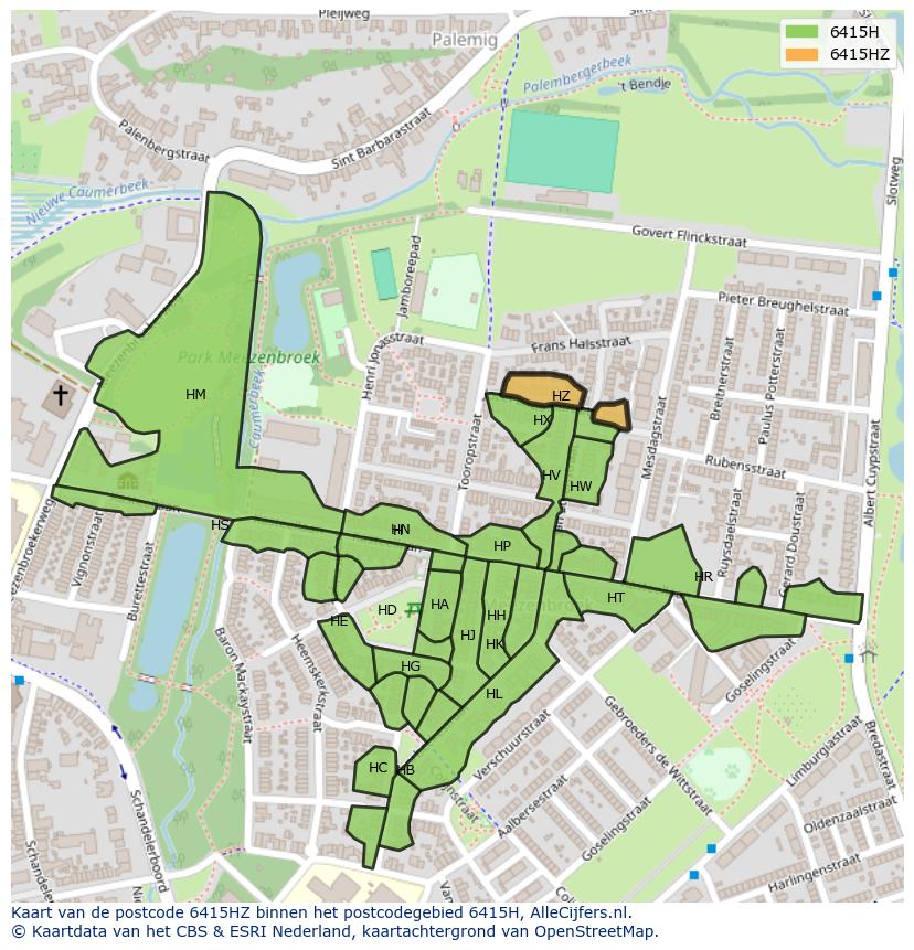 Afbeelding van het postcodegebied 6415 HZ op de kaart.