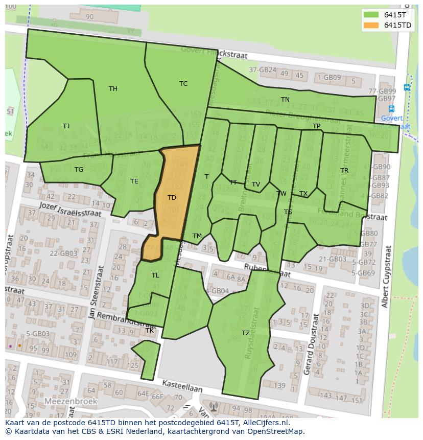 Afbeelding van het postcodegebied 6415 TD op de kaart.