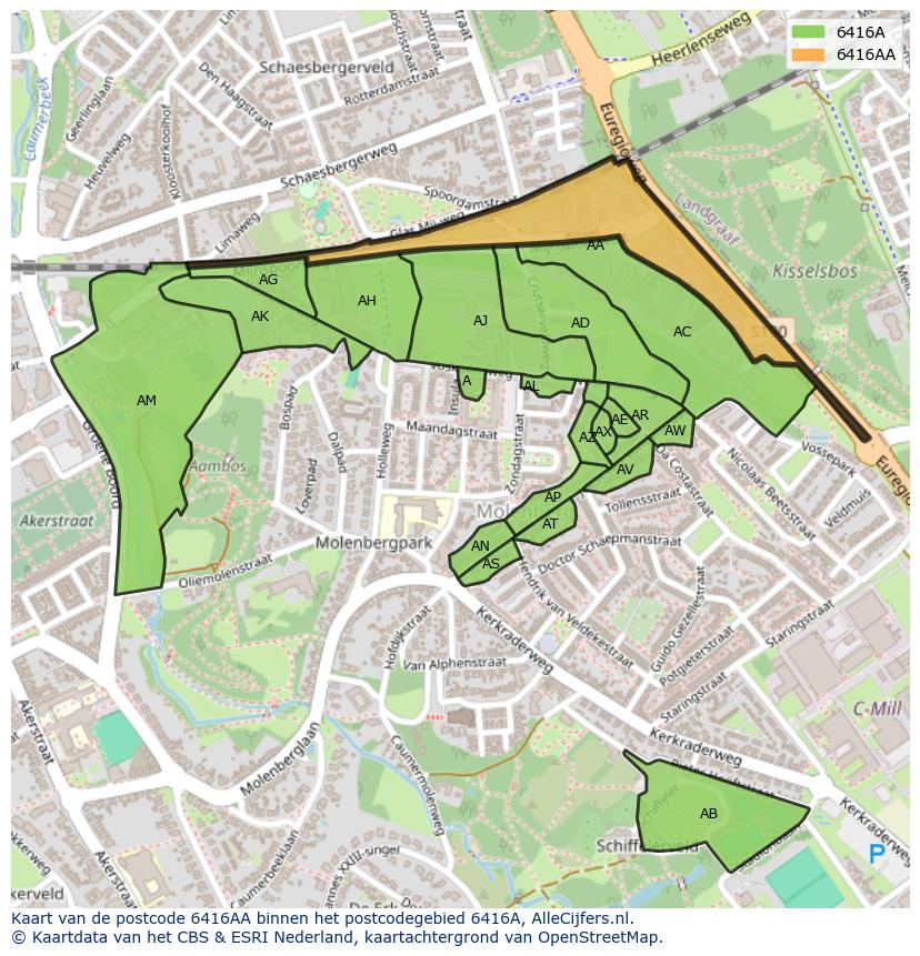 Afbeelding van het postcodegebied 6416 AA op de kaart.