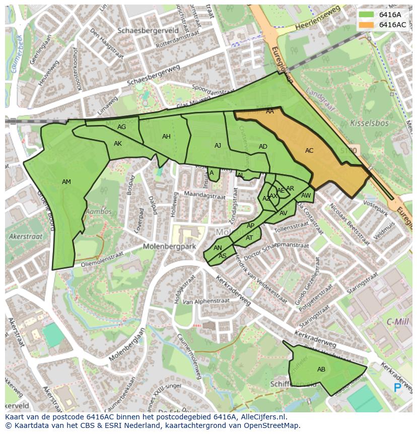 Afbeelding van het postcodegebied 6416 AC op de kaart.