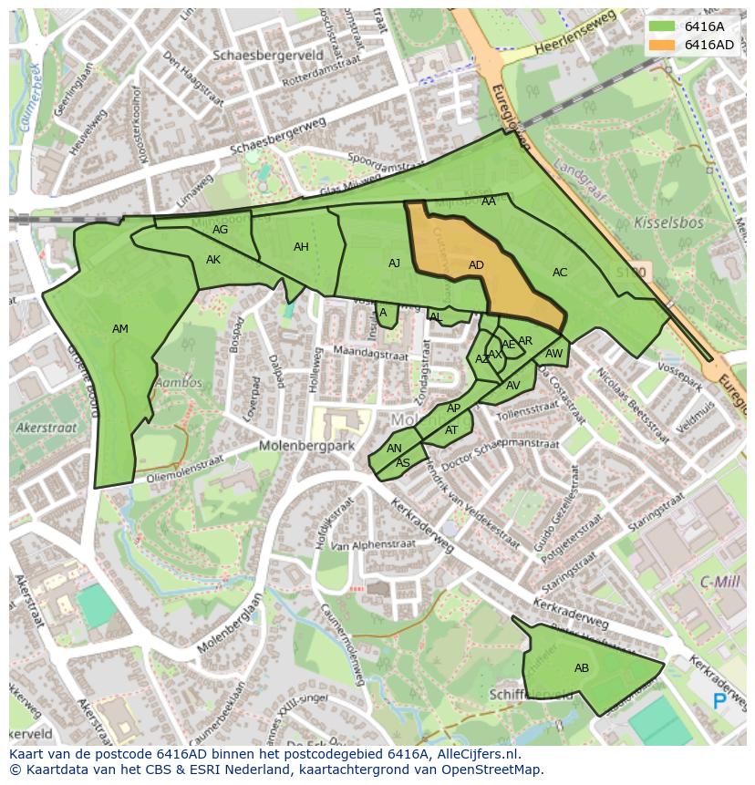 Afbeelding van het postcodegebied 6416 AD op de kaart.