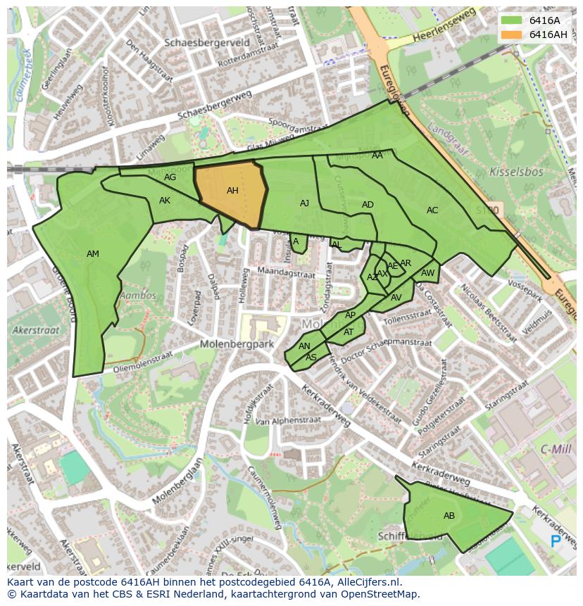 Afbeelding van het postcodegebied 6416 AH op de kaart.