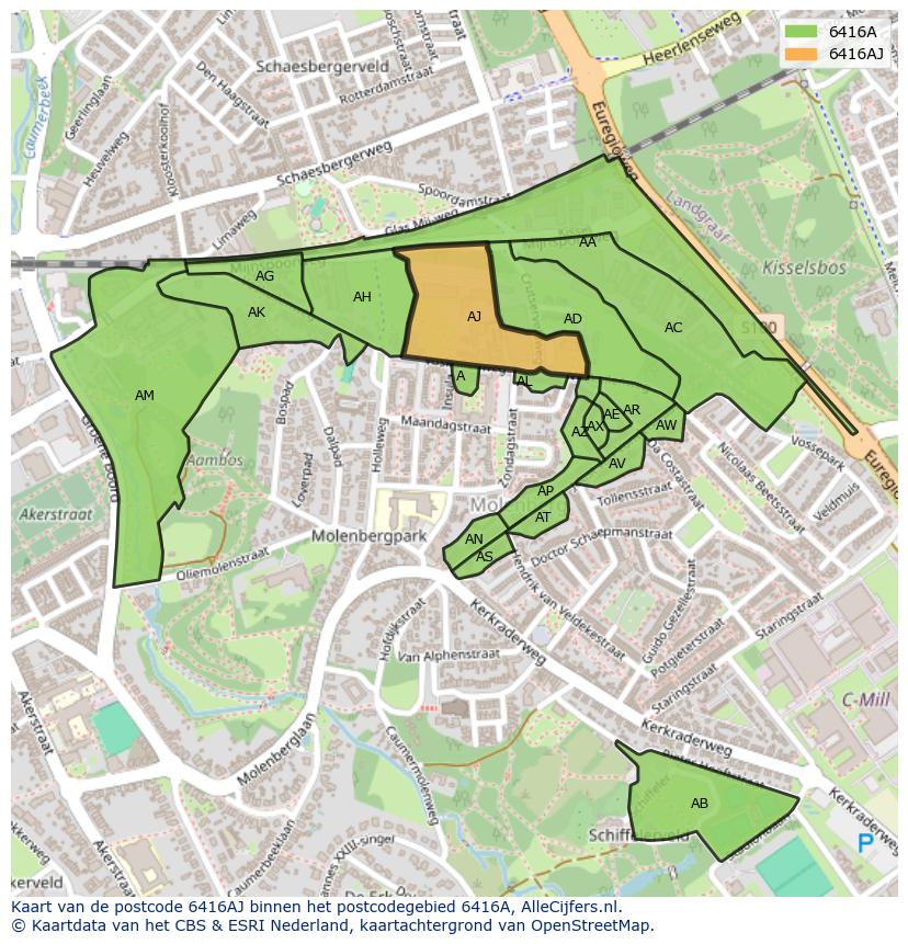 Afbeelding van het postcodegebied 6416 AJ op de kaart.