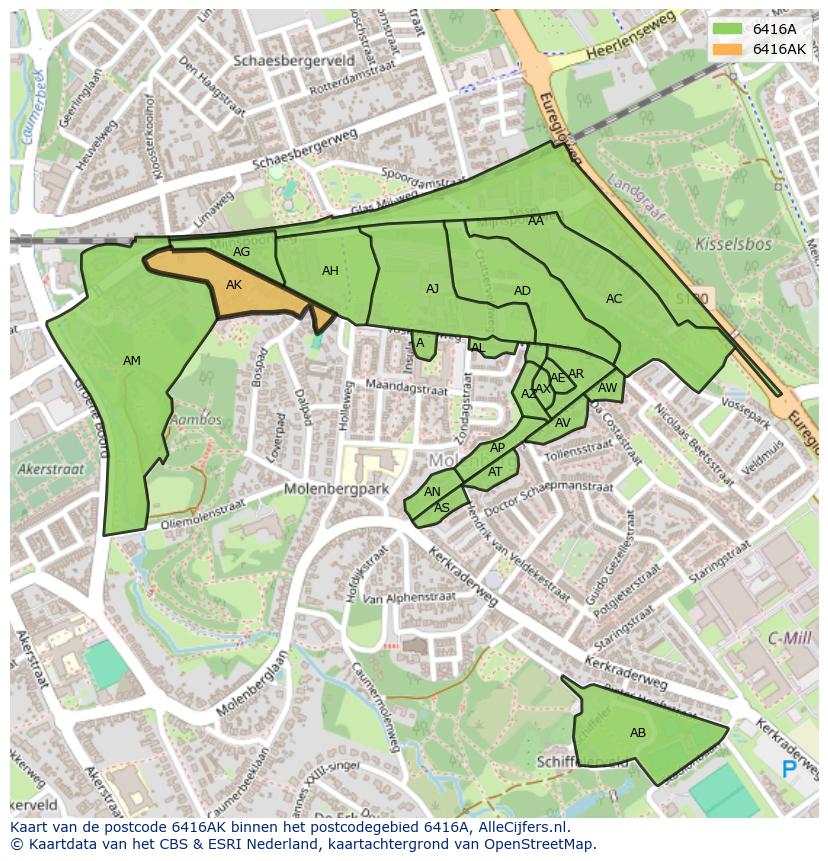 Afbeelding van het postcodegebied 6416 AK op de kaart.