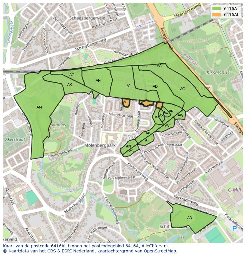 Afbeelding van het postcodegebied 6416 AL op de kaart.