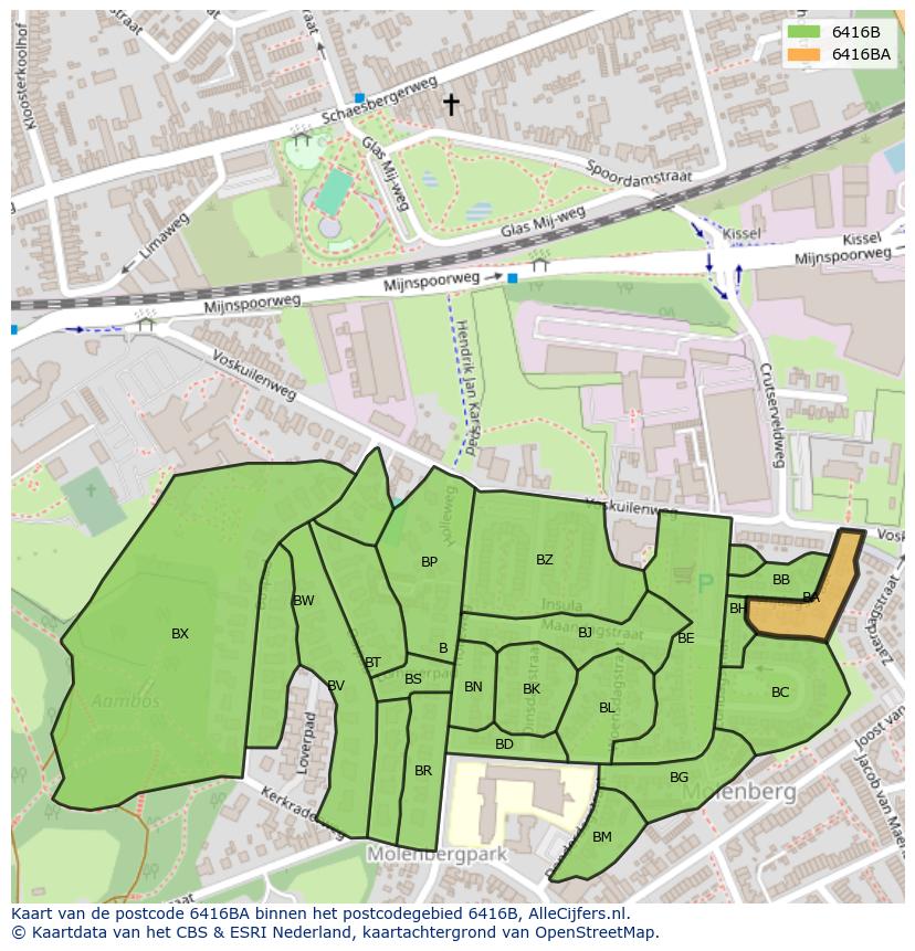 Afbeelding van het postcodegebied 6416 BA op de kaart.