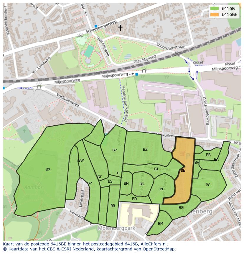 Afbeelding van het postcodegebied 6416 BE op de kaart.