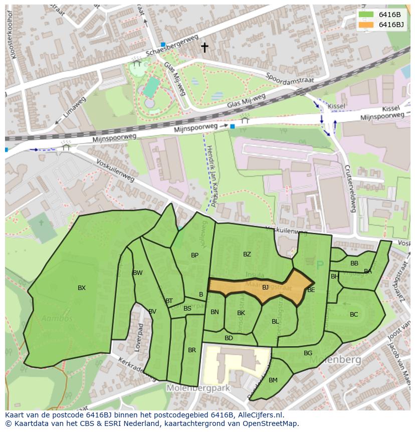 Afbeelding van het postcodegebied 6416 BJ op de kaart.