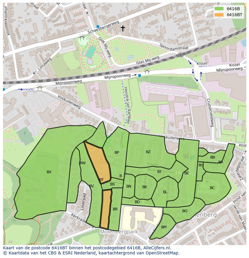 Afbeelding van het postcodegebied 6416 BT op de kaart.
