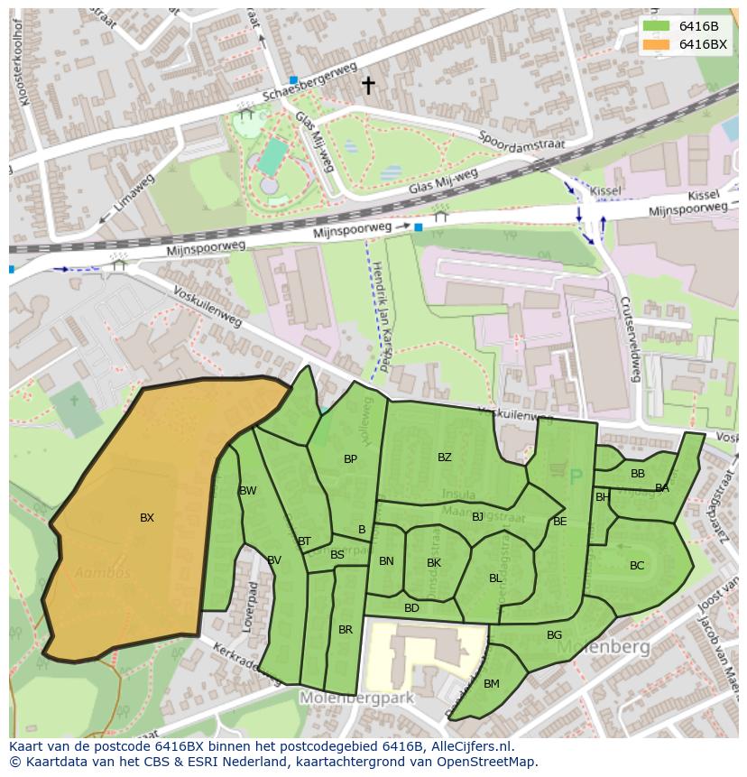 Afbeelding van het postcodegebied 6416 BX op de kaart.