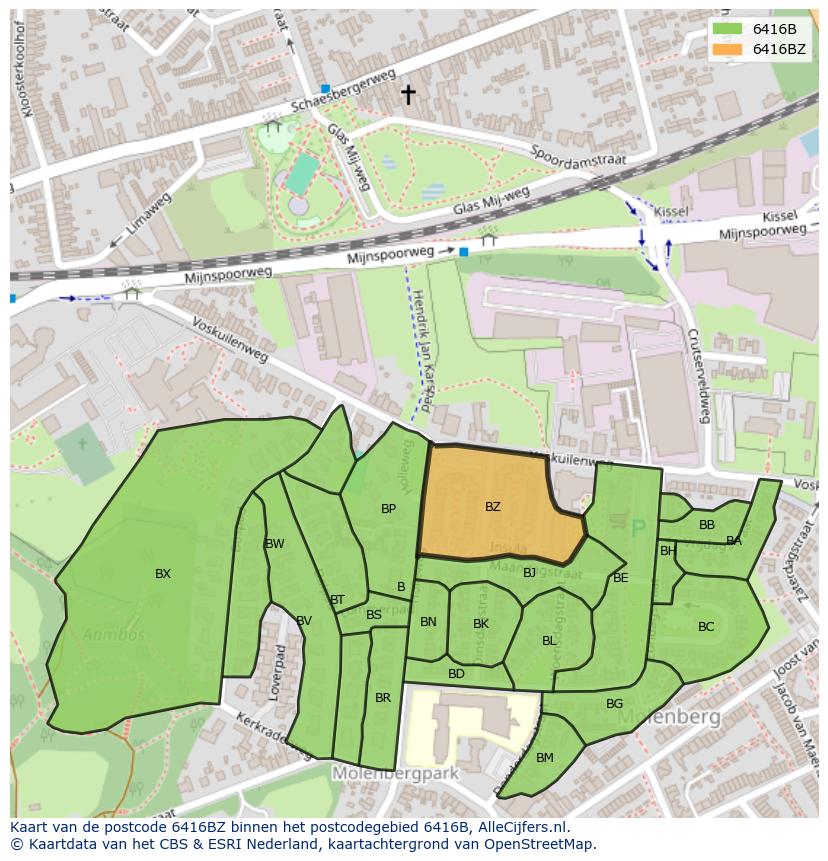 Afbeelding van het postcodegebied 6416 BZ op de kaart.