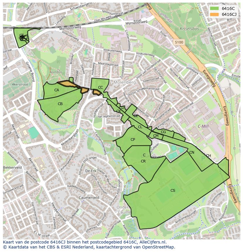 Afbeelding van het postcodegebied 6416 CJ op de kaart.