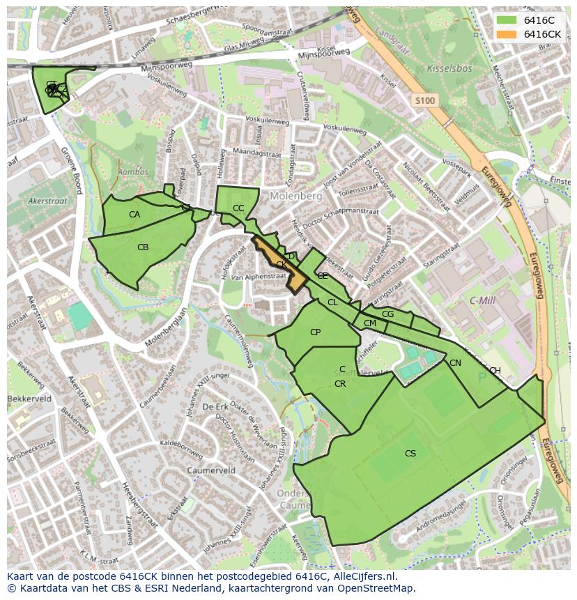 Afbeelding van het postcodegebied 6416 CK op de kaart.