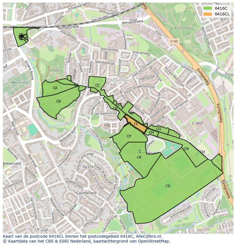 Afbeelding van het postcodegebied 6416 CL op de kaart.