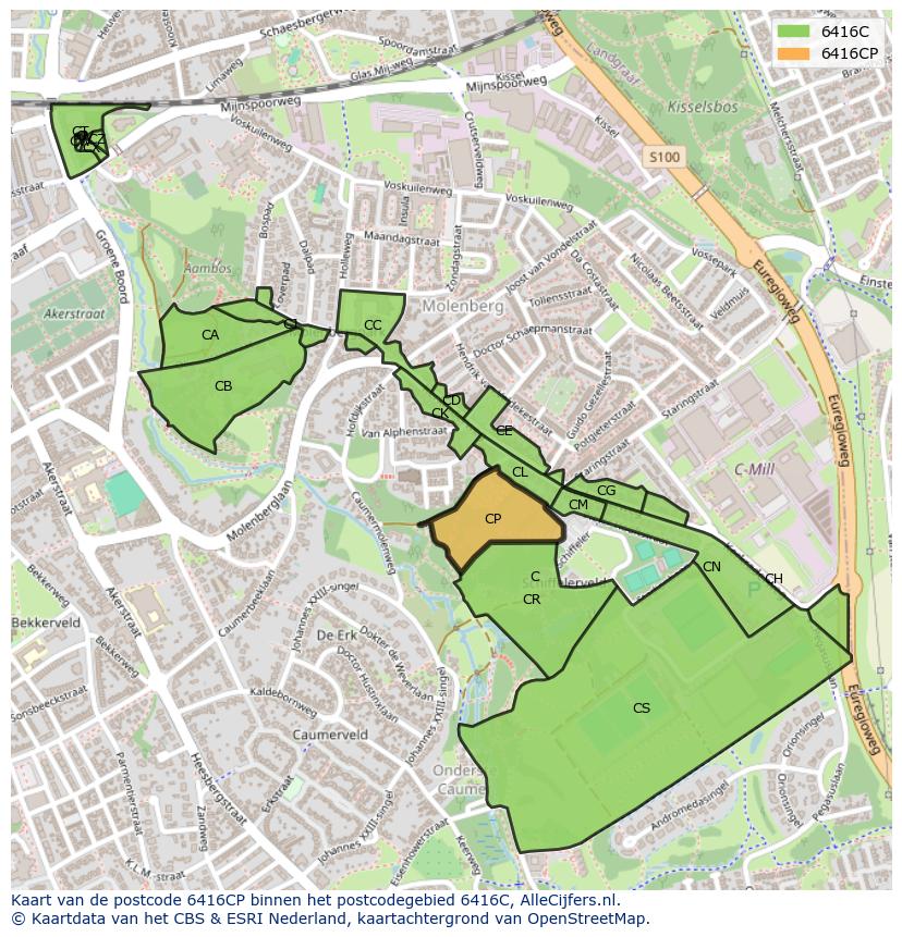 Afbeelding van het postcodegebied 6416 CP op de kaart.