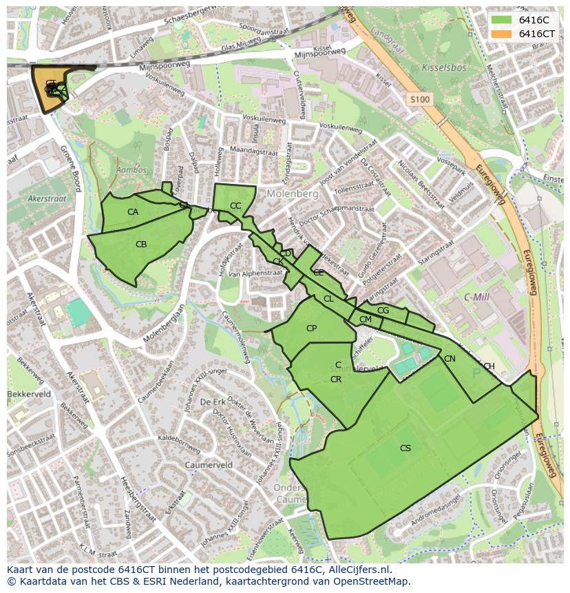 Afbeelding van het postcodegebied 6416 CT op de kaart.